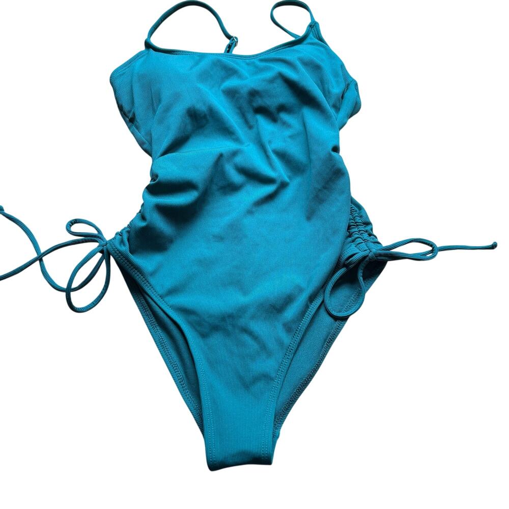 Shade & Shore XS (0-2) Teal Ribbed One Piece Swimsuit Adjustable Side Ties Beach